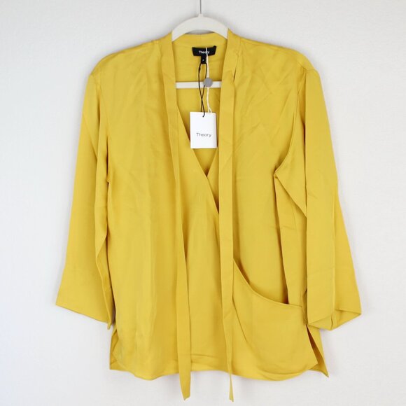 NWT Theory Silk Wrap Tie V-neck Top Blouse | Workwear to Weekend Chic - Picture 3 of 15